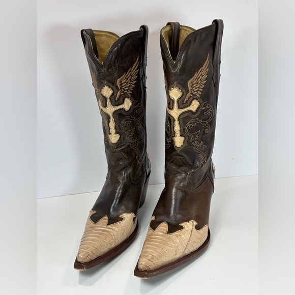Vintage Rogers Cobra Snake Skin Western Boots Women Sz 8 Exotic Bikercore Cross - Picture 2 of 12